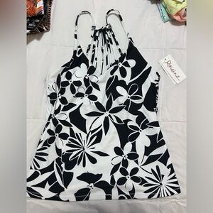 Black & White Floral Halter Tankini with Strappy Neck